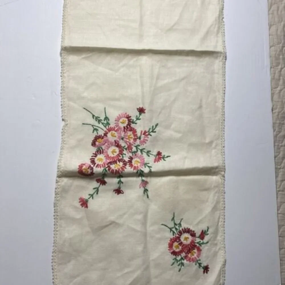 Vintage Dresser Scarf Table Runner Embroidered Floral Flowers Red Pink